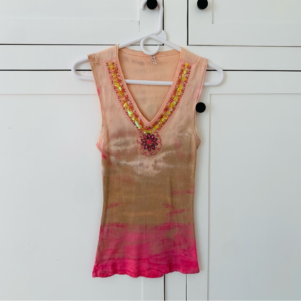 David Cline Pink Brown Tie Dye Sequin Floral Tank Top Size Medium